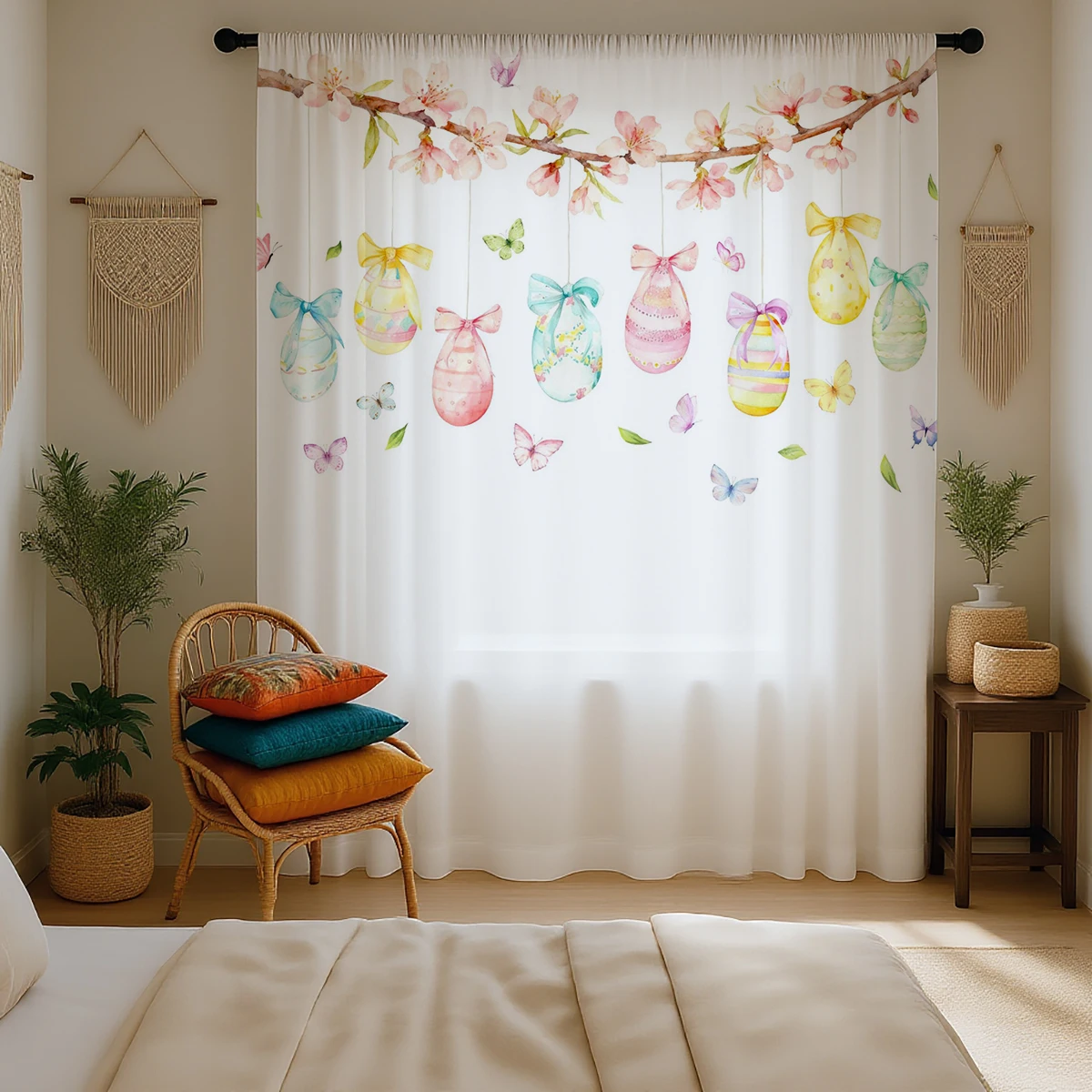 1PC Easter Egg Sheer Curtain - Hanging Egg & Cherry Blossom Pattern Pole Window Curtain for Spring Decor