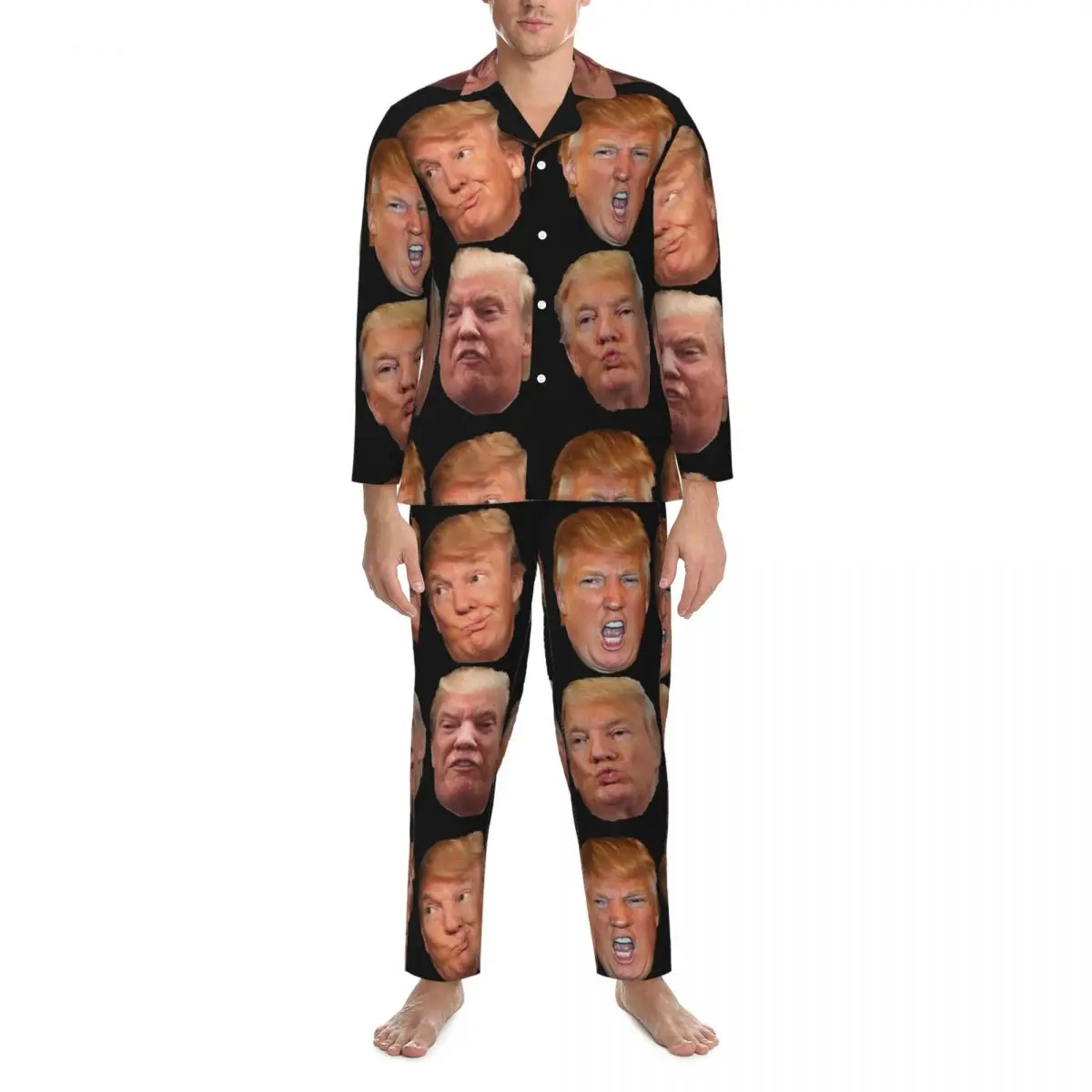 Pijamas masculinos con cabezas de Trump, ropa de dormir para dormir, Meme divertido, conjunto de pijamas holgados informales de 2 piezas, traje para casa de gran tamaño cómodo de manga larga