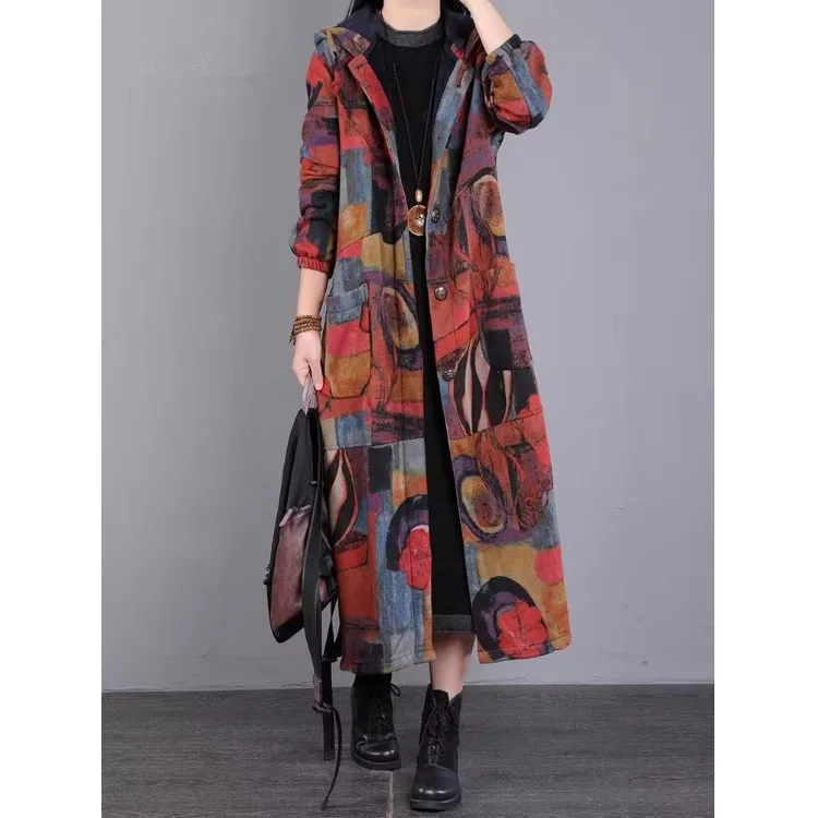 

Thiened Fce Women's Cotton Jaet Autumn Winter New Long Loose Belly Covering Printed Hooded Cotton Coat Outerwear