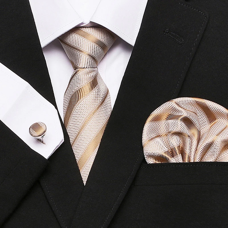 

Hot Sale 7.5 cm Golden Striped Tie Hanky Cufflinks Set For Men Fit Formal Party Wedding Business Birthday Gift