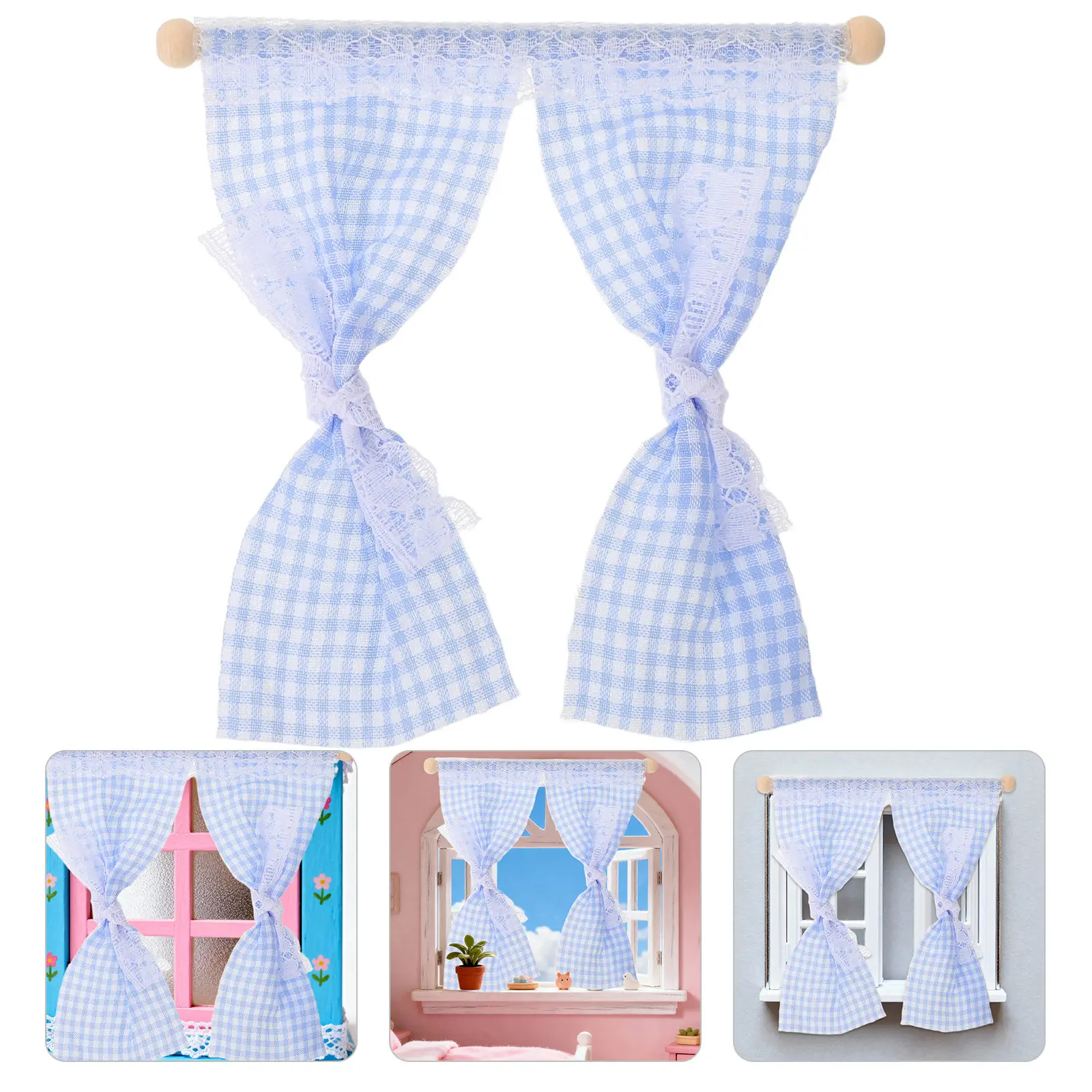 

2Pcs Dollhouse Curtains 1:12 Scale Mini Window Drapes Sky Rail Bedroom Living Room Accessories Miniature Curtains