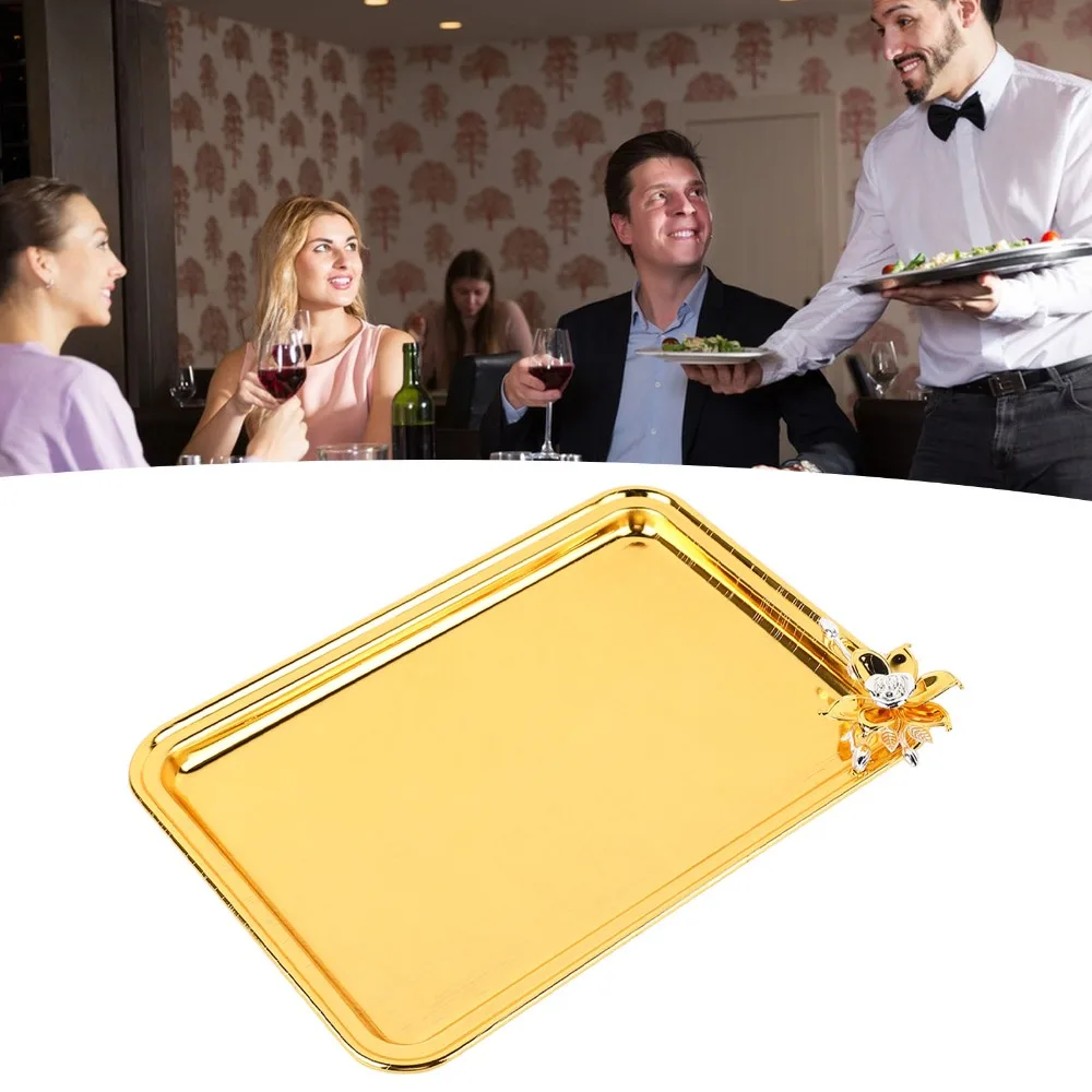 2pcs Serving Trays Rectangular Serving Tray Gold Stainless Steel Serving Platter Floral Vanity Organizer Tray Coffee Table