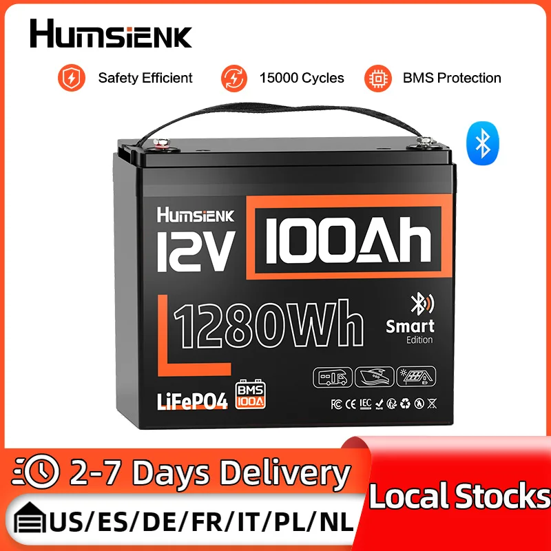 Humsienk Bluetooth 12V LiFePO4 Battery 100AH GP24 13000 Cycles Real-time Check Home Storage Perfect for Trolling Motors, RV,Boat
