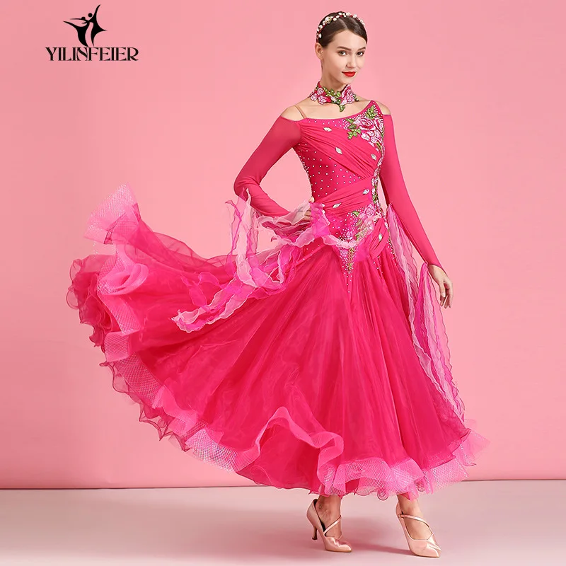 High Quality Women Adult Long Dance Wear Rose Pink Hand-painted Desigh Costumes custom Ballroom Dancing Dress