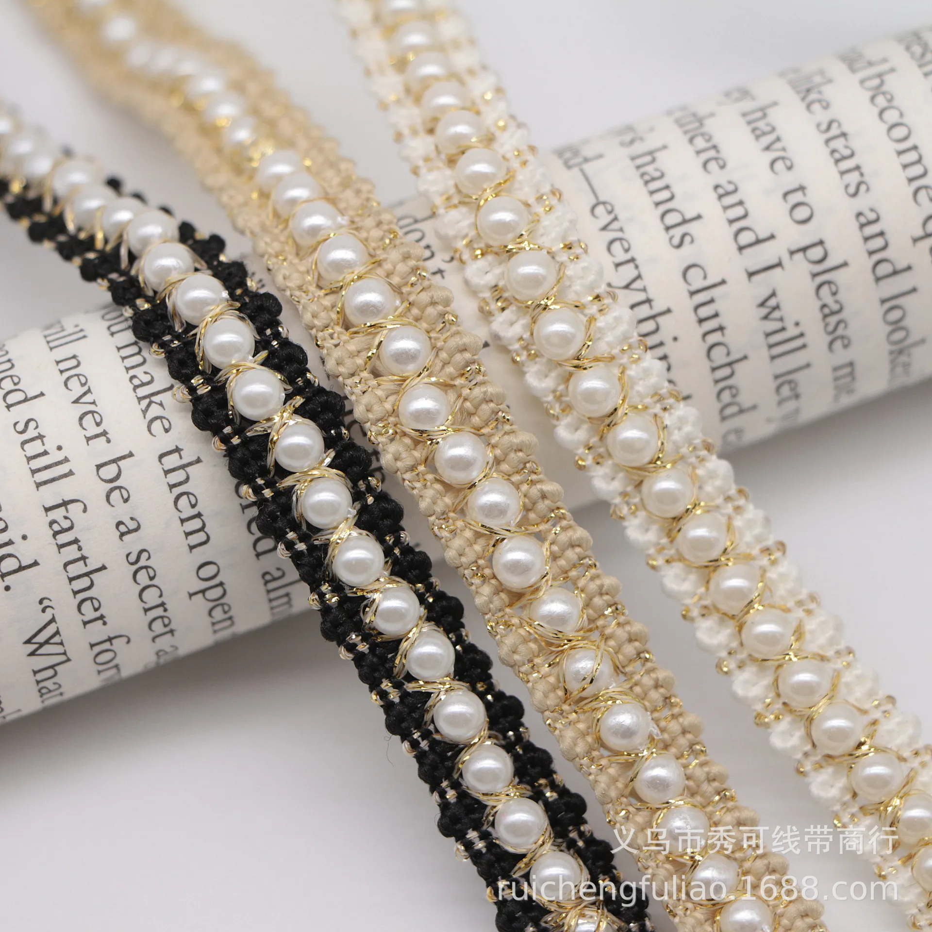 

1cm Gold Thread Pearl Woven Ribbon DIY Handmade Beaded Lace Trim Clothing Jacket Women's Clothing Accessories