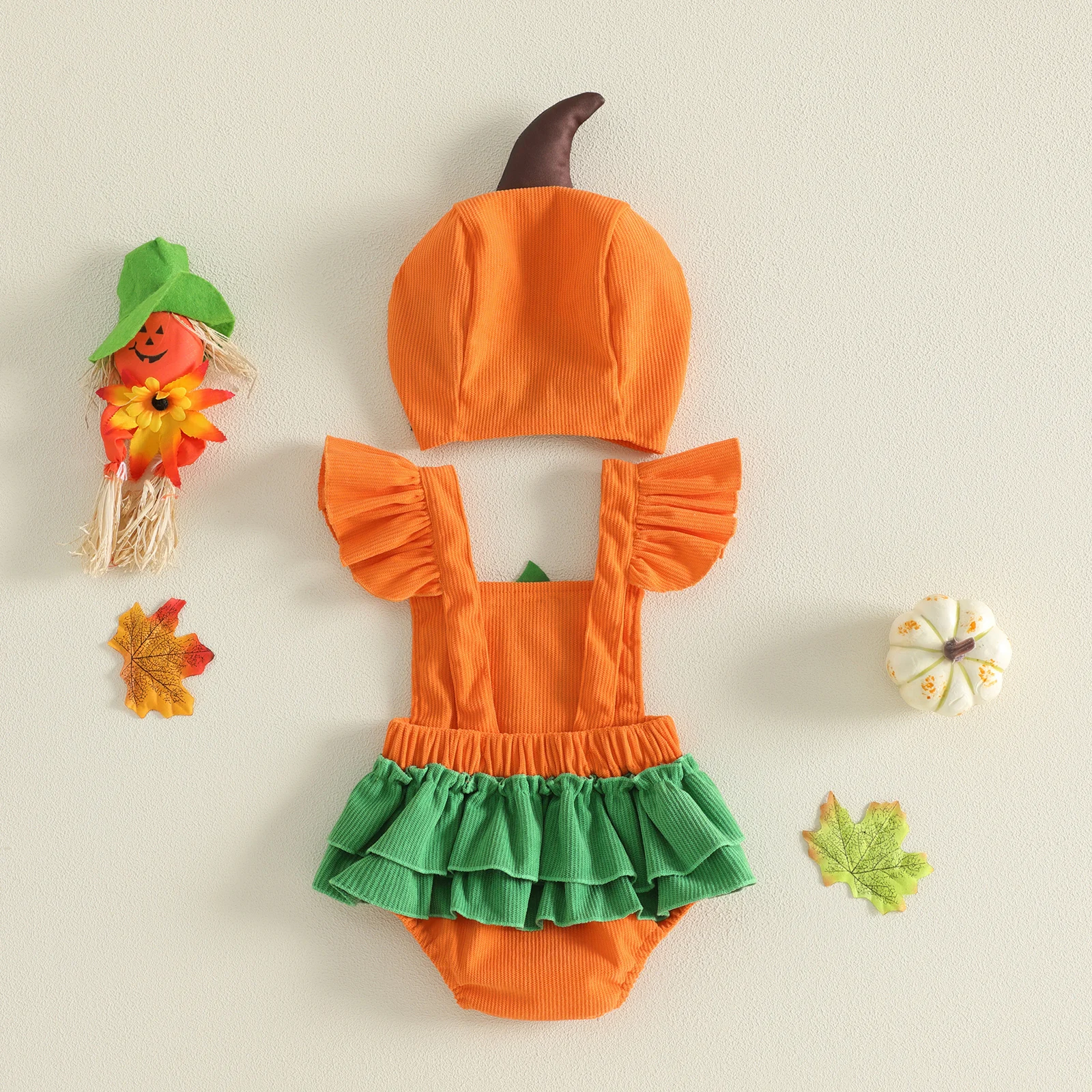 Baby Girls Halloween Bodysuits Outfits Flying Sleeve Pumpkin Costume Corduroy Romper and Hat