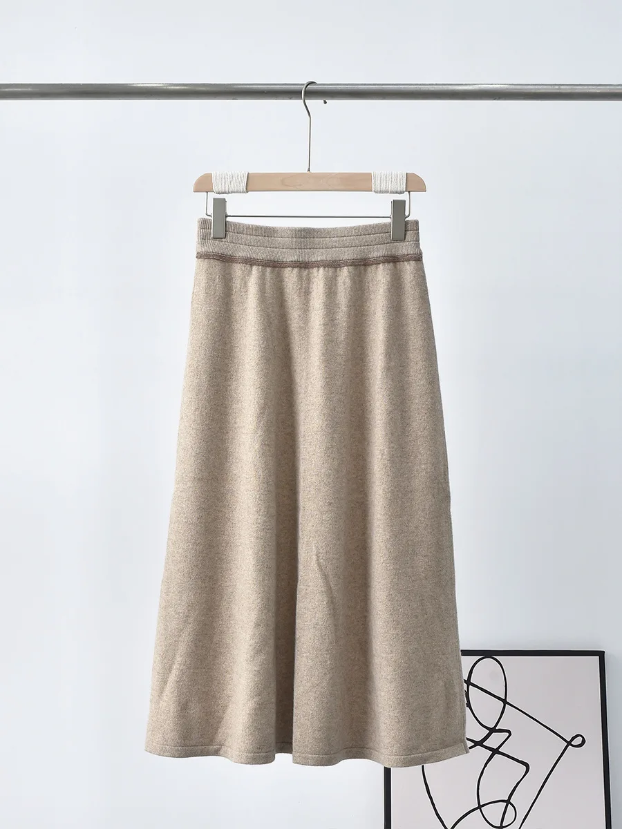 Women\'s Pure Cashmere Skirt, High Waist, Slim, Bead, Chain Splicing, Mid-Length, A-Line, Female, Autumn, New