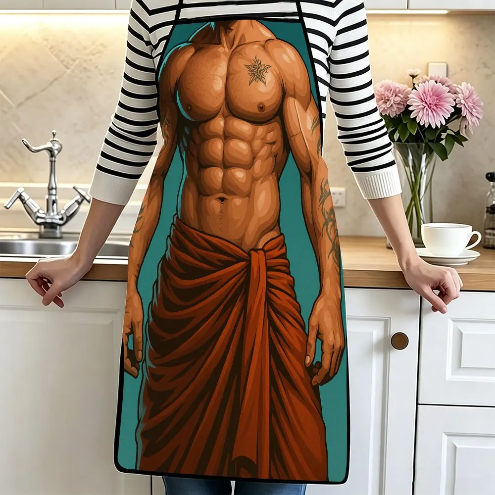 Funny Muscular Man Apron, 3D Tattooed Bodybuilder Graphic Cooking Bib, Sexy Kitchen Decor, Novelty Gag Gift for Men