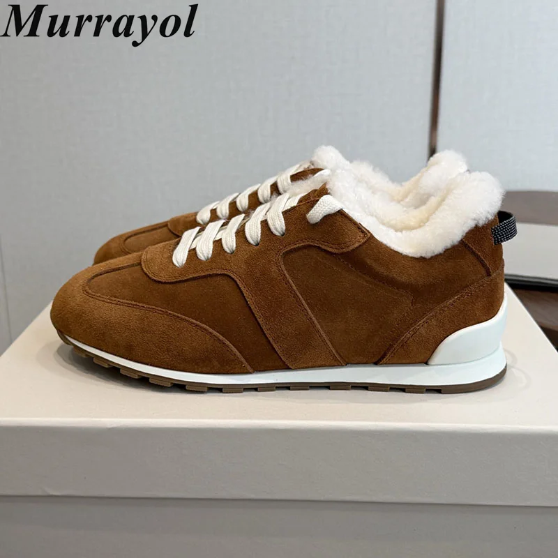 Casual Shoes Cow Suede Flats Women Lace Up Warm Real Wool Lining Patchwork Thick Sole Sneakers Ladies Winter Walking Shoes