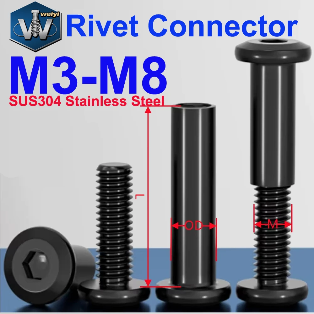 Weiyi M3 M4 M5 M6 M8 A2 Stainless Steel Black Large Flat Hex Furniture Nut With Screw Rivet Connector Insert Joint Sleeve Nut