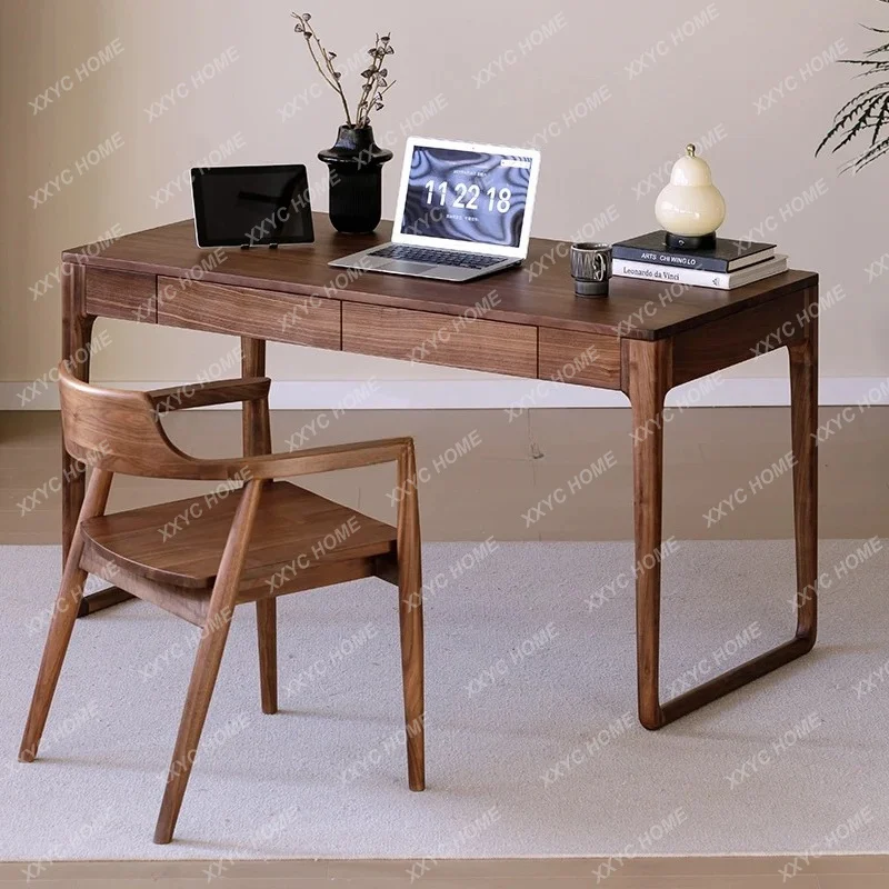 Lsmall apartment black walnut solid wood desk children's log study