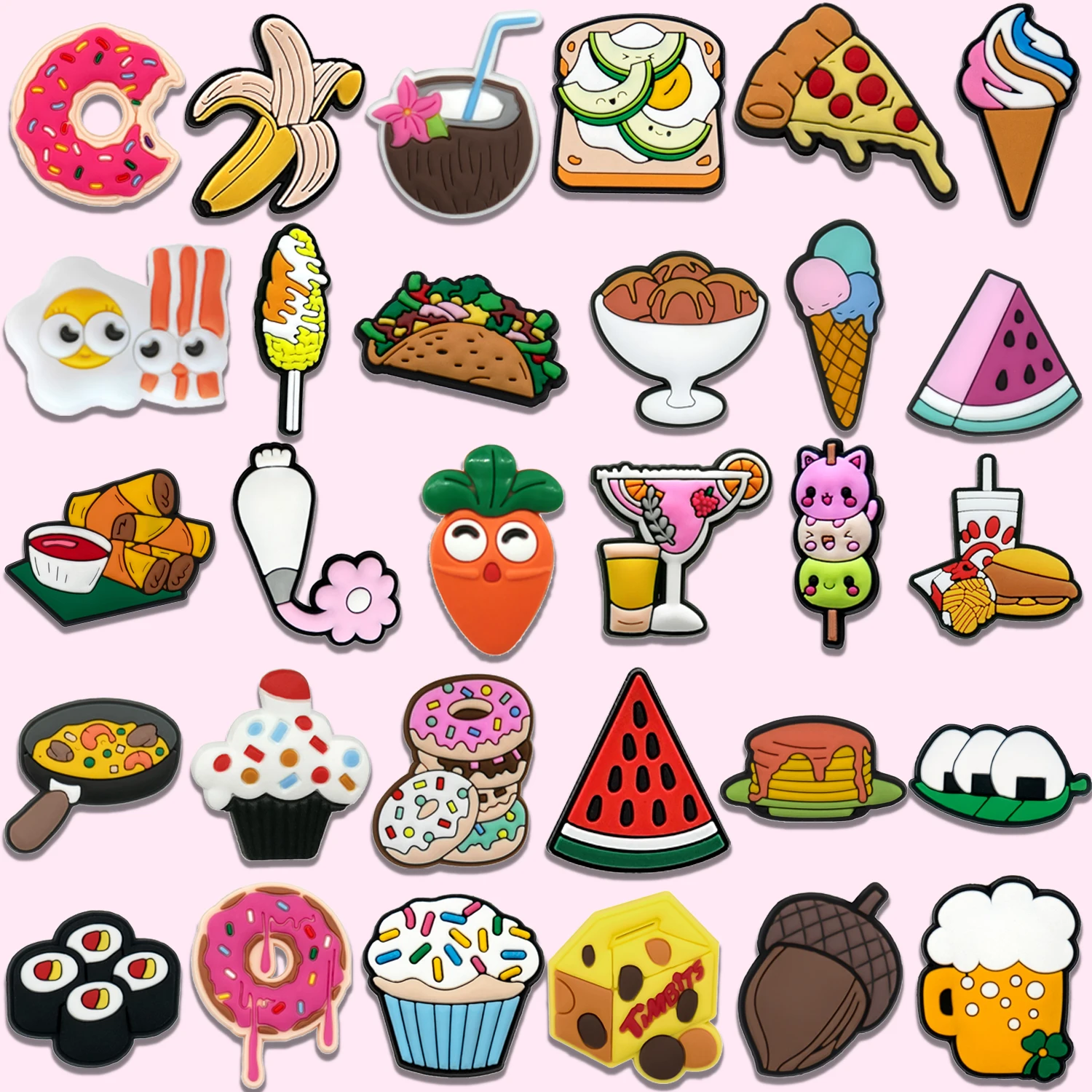 1/30szt Cute Foods Shoe Charms dla majsterkowiczów Kobiety Mężczyźni Pizza Donuts Sushi Akcesoria do butów Banana Watermelon Garden Sandals Pin Clog