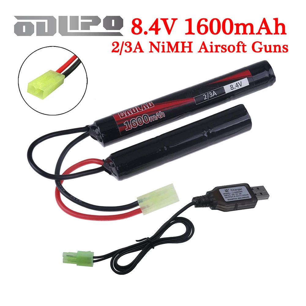 2/3A 8.4v 1600mAh Butterfly Nunchuck NIMH Battery Pack with USB Charger for Airsoft Guns M110, SR25, M249, G3 Rifle Accessories