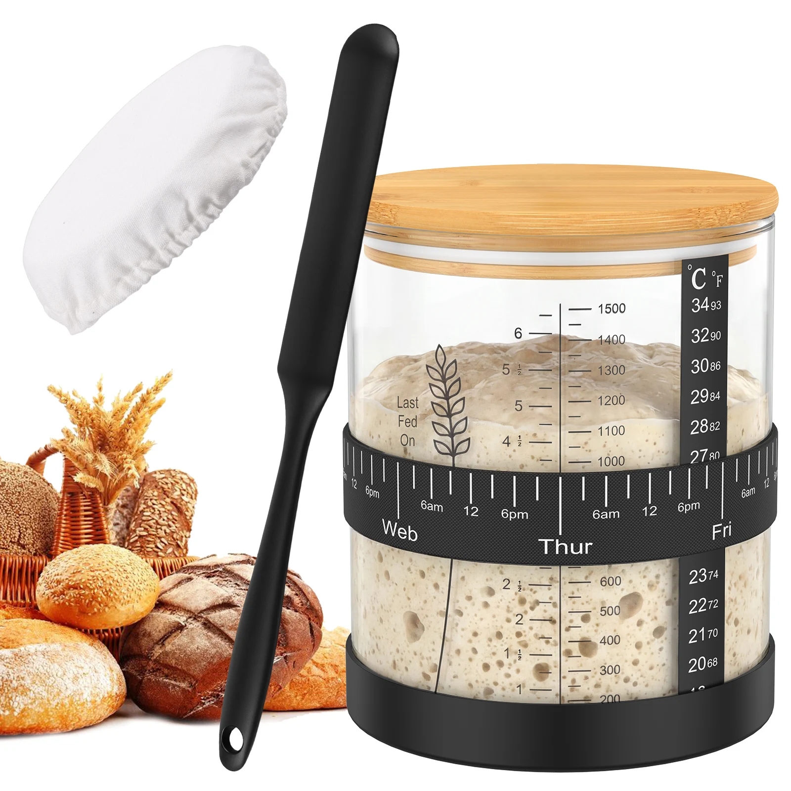 

900ML/1.5L Sourdough Starter Jar Kit Glass Sourdough Starter Containers Kit with Spatula Cloth Cover Sourdough Bread Starter Set