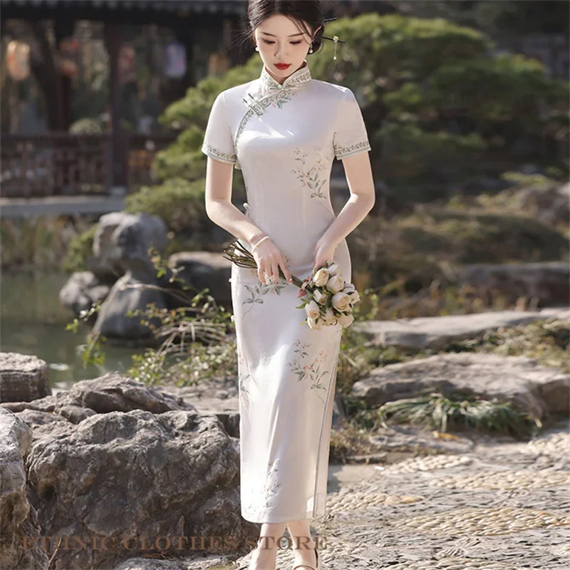 

New Chinese Style Dress Large Size 3XL Female Long Qipao Elegan Jacquard Print Flower Cheongsam Spring Summer Short Sleeve Dress