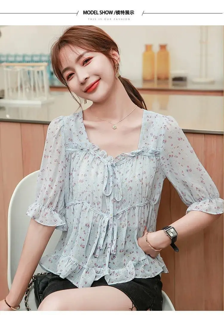 Summer New Small Floral Pleated Collar Chiffon Blouse with Short Tie