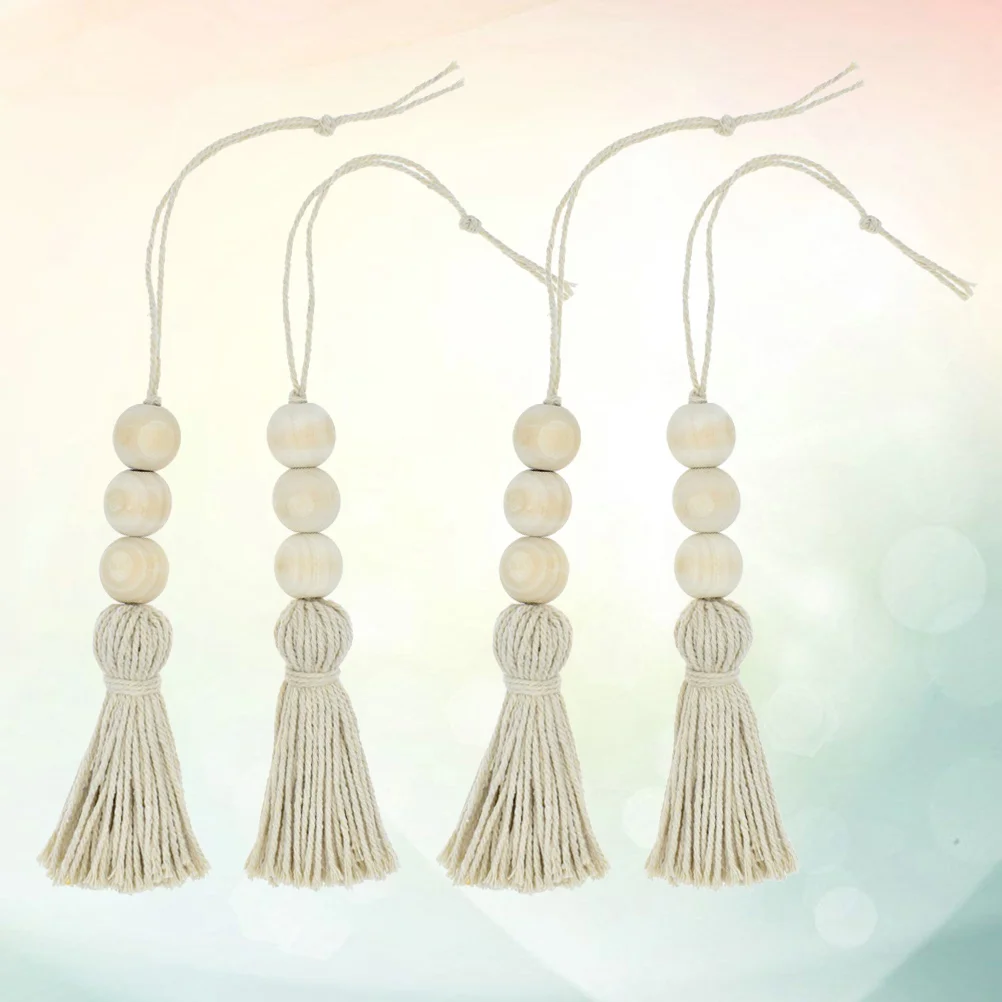 6 Pcs Decorate Cotton Thread Wooden Beads Decoration Clothes Rack Beaded Garland with Tassels Neutral Ornaments