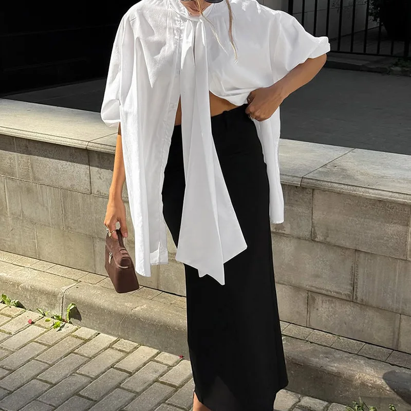 

Elegant Sister Spring 2026 Design Sense Sash Shirt Commute Women's Shirt Versatile Top Micro Elastic Pure Color Easy Care