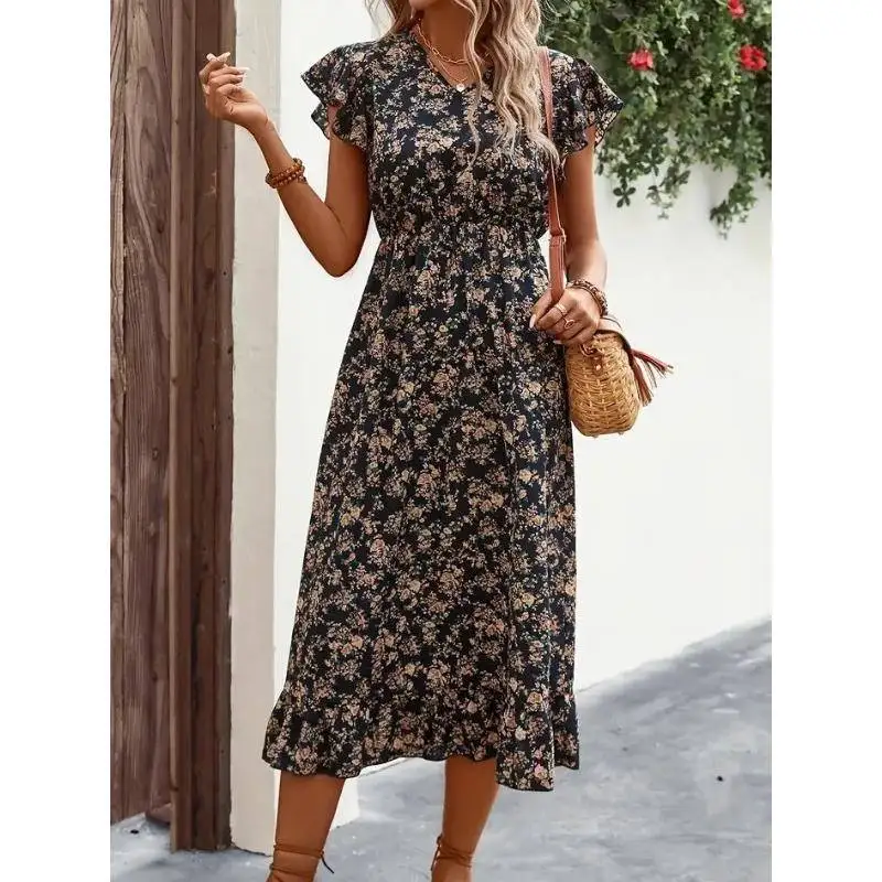 여름 패션 V넥 여성용 드레스 허리 조임 플로럴 프린트 골드 헴 부드럽고 편안한 폴리에스터 섬유