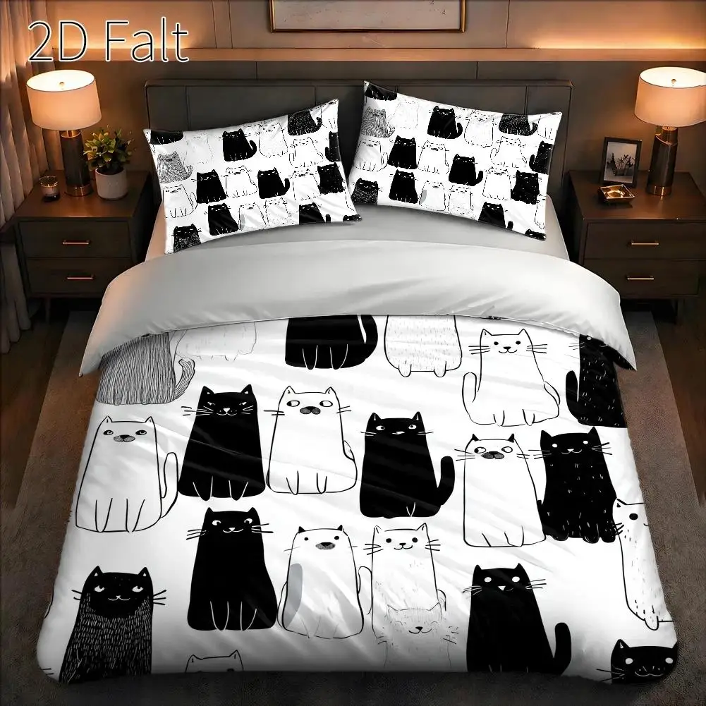 3-Piece Quilt Cover Set, 1 Quilt Cover + 2 Pillowcases (Without Filling) 2D Flat Printing, Three-Piece Quilt Cover Set, Black and White Cat Theme Pattern, Cartoon Hand-Drawn Style, International Cat Day, Suitable for All Seasons, Machine Washable, Invisible Zipper, Large Quilt Cover Set, Bedding Set, Skin-Friendly and Breathable, Soft and Comfortable, Does Not Fade or Pill, Suitable for Home/Dormitory/Master Bedroom/Guest Room