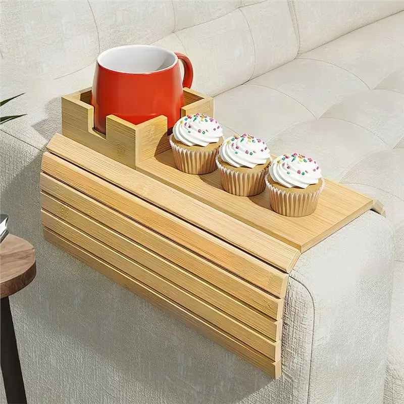 DTEN-Bamboo Couch Cup Holder& Armrest Tray-A Secure Drink Slot And Snack Space Extending For Recliner Or Sofa Comfort