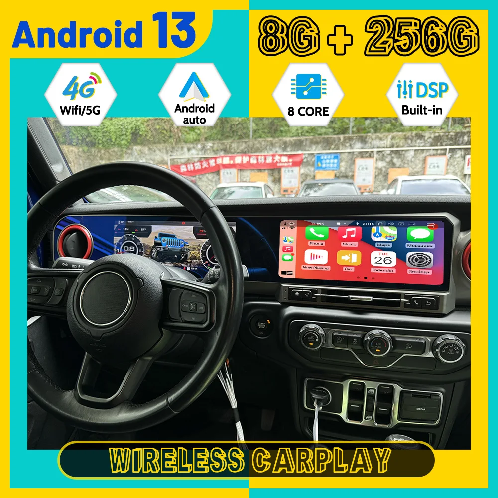 

12,3-дюймовый 8-ядерный Carplay для Jeep Wrangler JL 2018-2021, мультимедийный плеер, Android12, автоматический GPS, Navi, беспроводная головка