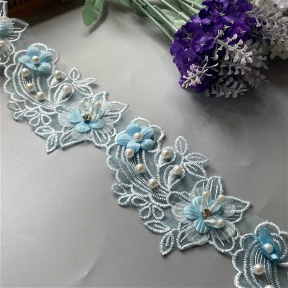 

2 yards Blue Pearl Flower Leaf Handmade Beaded Embroidered Lace Trim Ribbon Applique Wedding Dress Sewing Craft DIY Hot