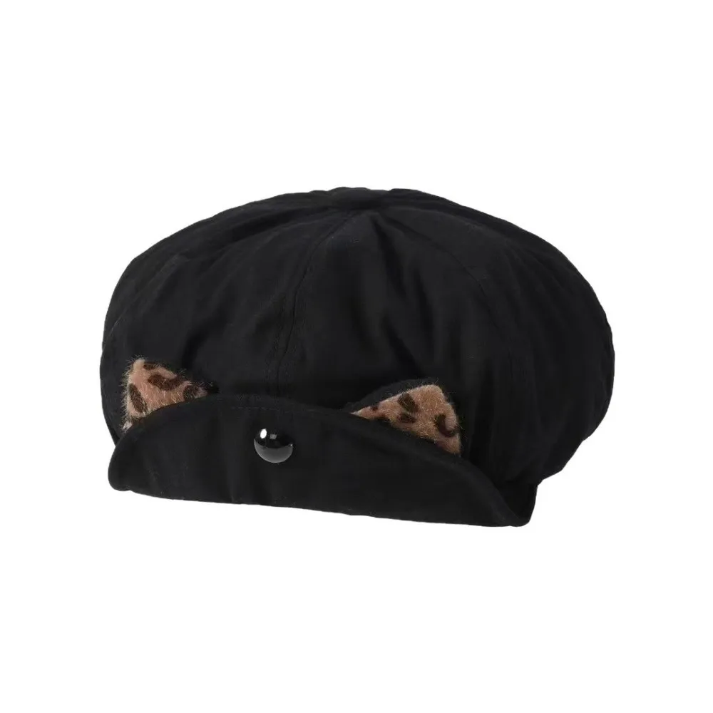 Topi Baret Vintage Bergaya Y2k dengan Telinga Kucing, Topi Baret Pelukis dengan Pinggiran Terbalik, Topi Beanie Leopard Serbaguna untuk Musim Panas dan Gugur