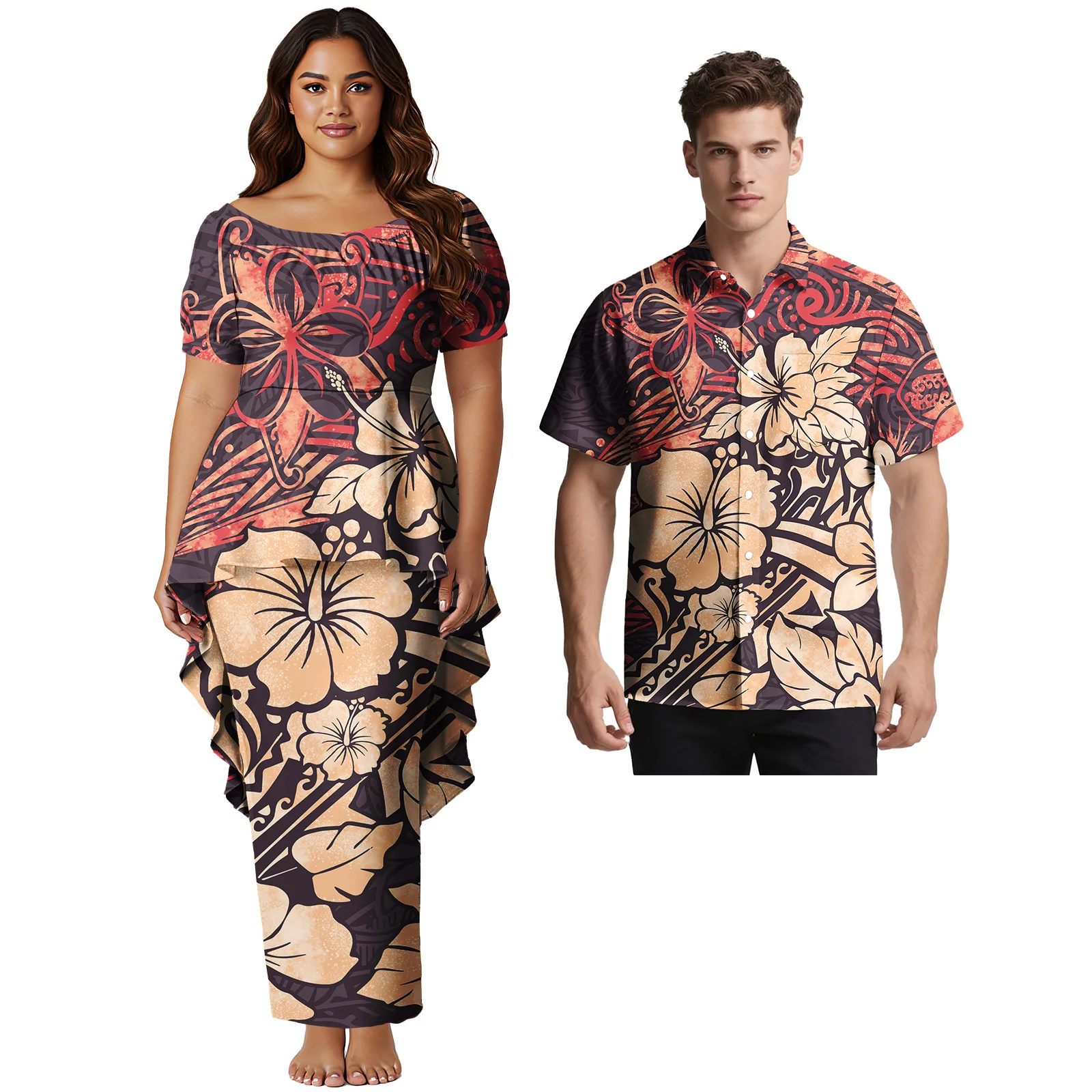 

2026 Новый индивидуальный дизайн, одежда для пар, полинезийская мужская рубашка Aloha, самоанские женские платья для выпускного вечера, пляжный остров, комплект племенной пары