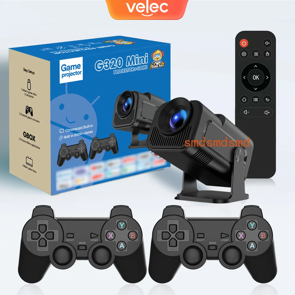 Velec Game Projector HY320 MINI 2IN1 Professional Chip Android Projector With 2 Wireless Game Controllers Built-in 20000+ Games