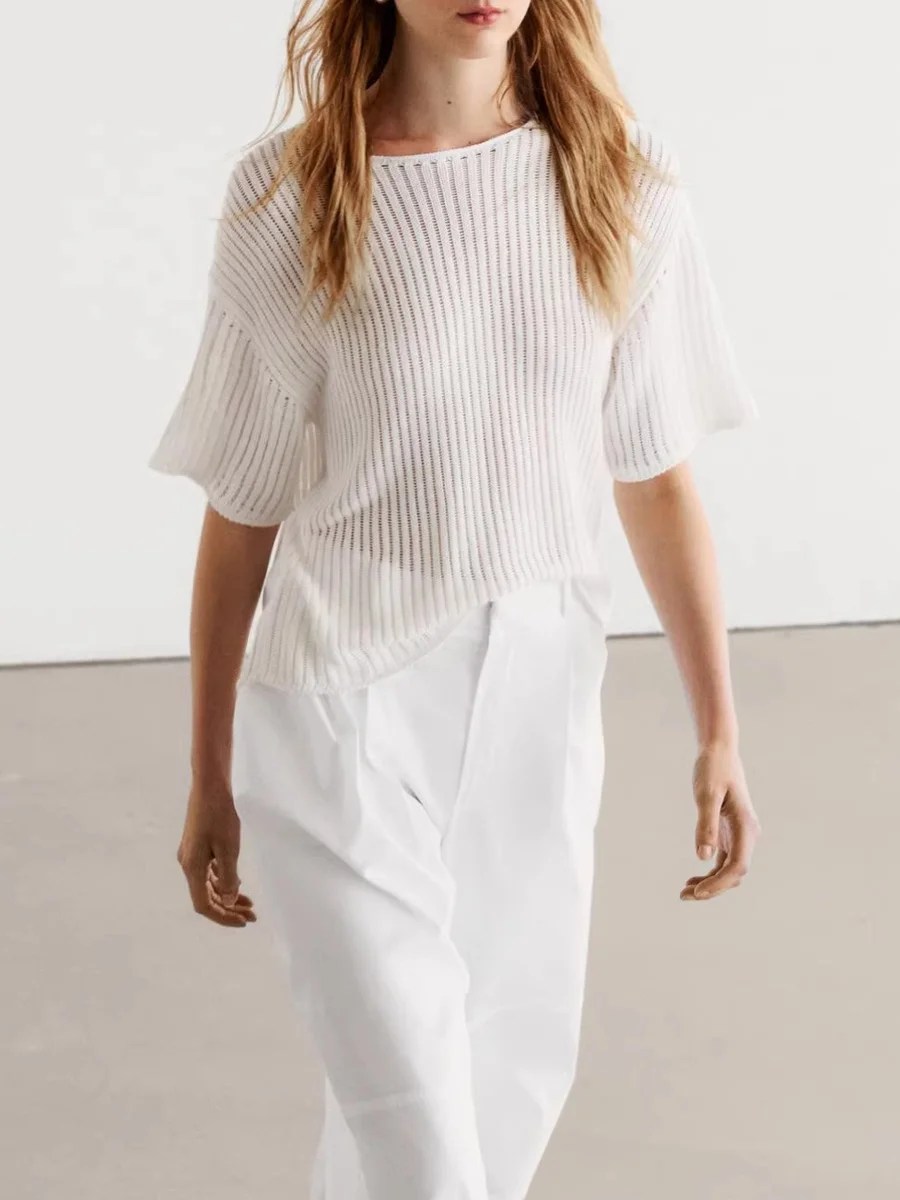 

Женский вязаный топ MD Summer 2024, круглый ор Све Ne f, прозрачный прохладный белый шум, ажурный топ Faion