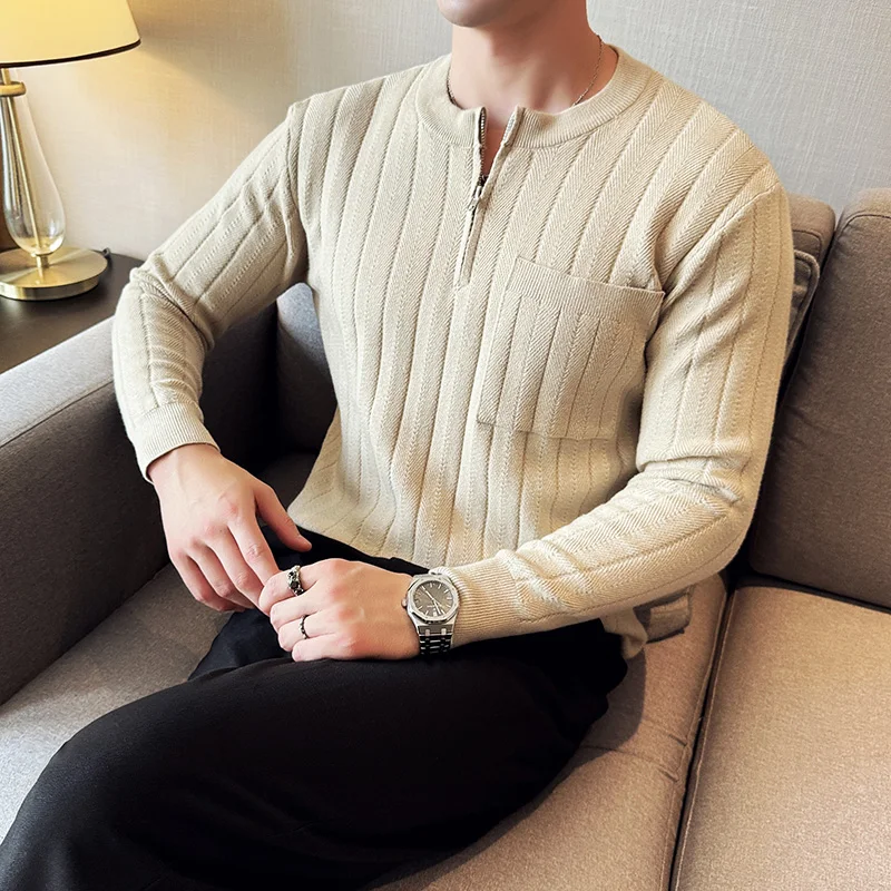 Henry Leads High-quality Knitted Long-sleeved Striped Business Casual Commute Versatile O-neck Sweater.