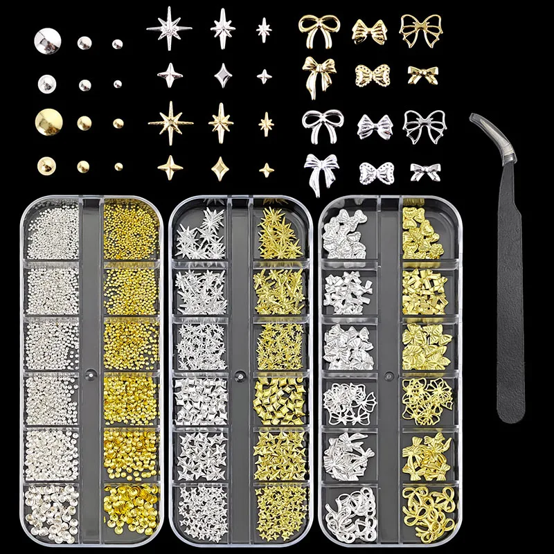 

Металлические украшения для ногтей: круглые бусины-бантики, золотые и серебряные стразы, элементы для дизайна ногтей, декор для маникюра