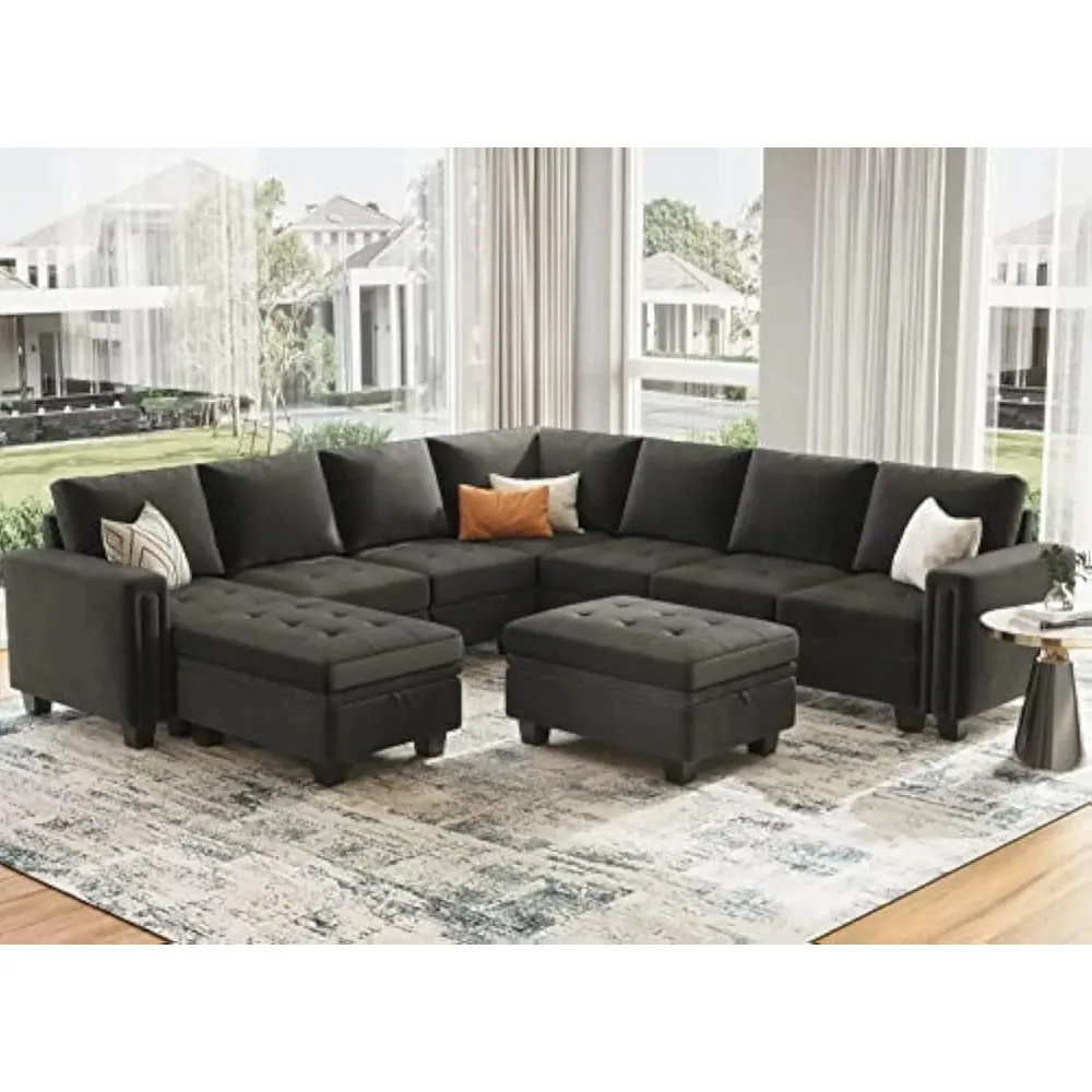 Oversized Velvet Modular 8-Seat Sectional Sofa Set with Storage Ottoman, U Shaped Couch Set  Sectional Convertible Sofa Couch