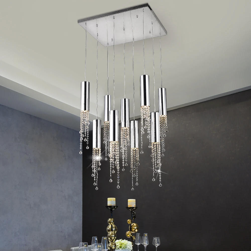 Modern Chrome Crystal Ceiling Chandelier For Dining Room Long Loft Staircase Large Hallway Lobby Kitchen Island Indoor Lighting