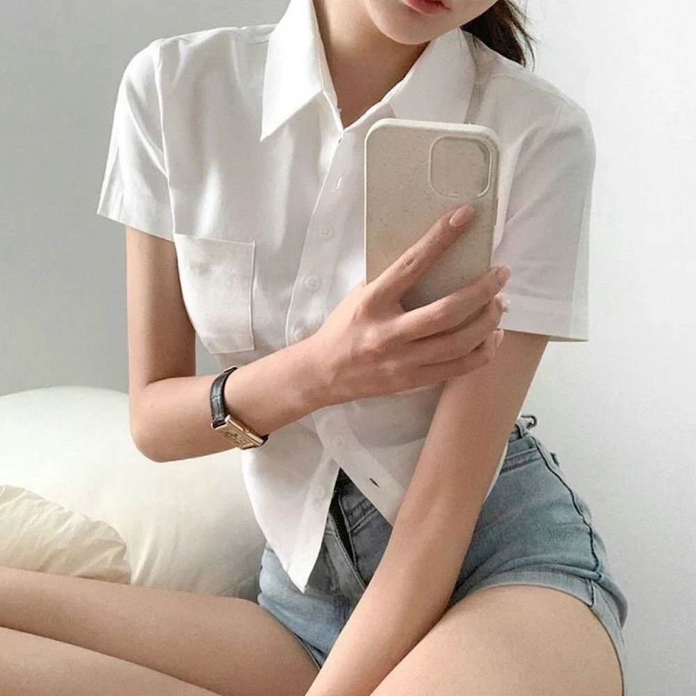 

All Match V-neck Short Sleeve Shirts Button Up Y2K Slim Blouse Women with Pocket Crop Top Sweet Girls Shirts Summer