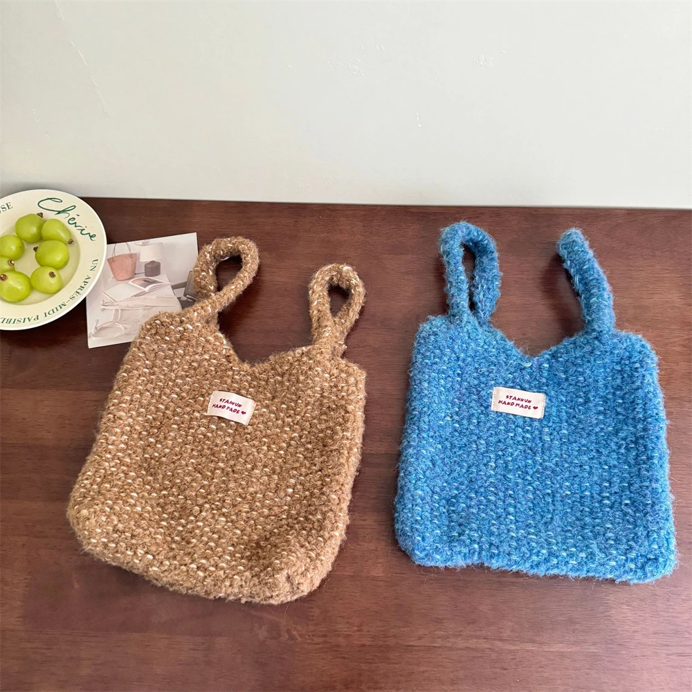 الإناث الشتاء خط مختلط الحياكة حقيبة تسوق سميكة الصوف الموضوع النسيج حقيبة يد المرأة الدوبامين الصدام اللون الكروشيه حمل الحقائب #4