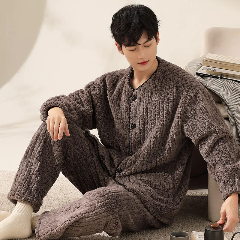 

Men's Pajamas Warm Plush Autumn Winter Male Pyjama Homme Pijama Sleepwear Long-Sleeve Thick Coral Velvet Lounge Sleep Set 3XL