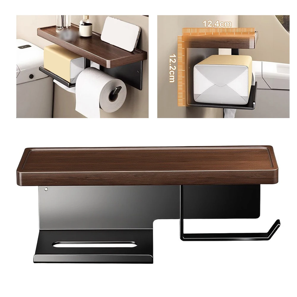 Walnut Wood No Punching Toilet Paper Holder Stainless Steel Storage Shelf For Bathroom Wet Wipes Phone Organizer Rack