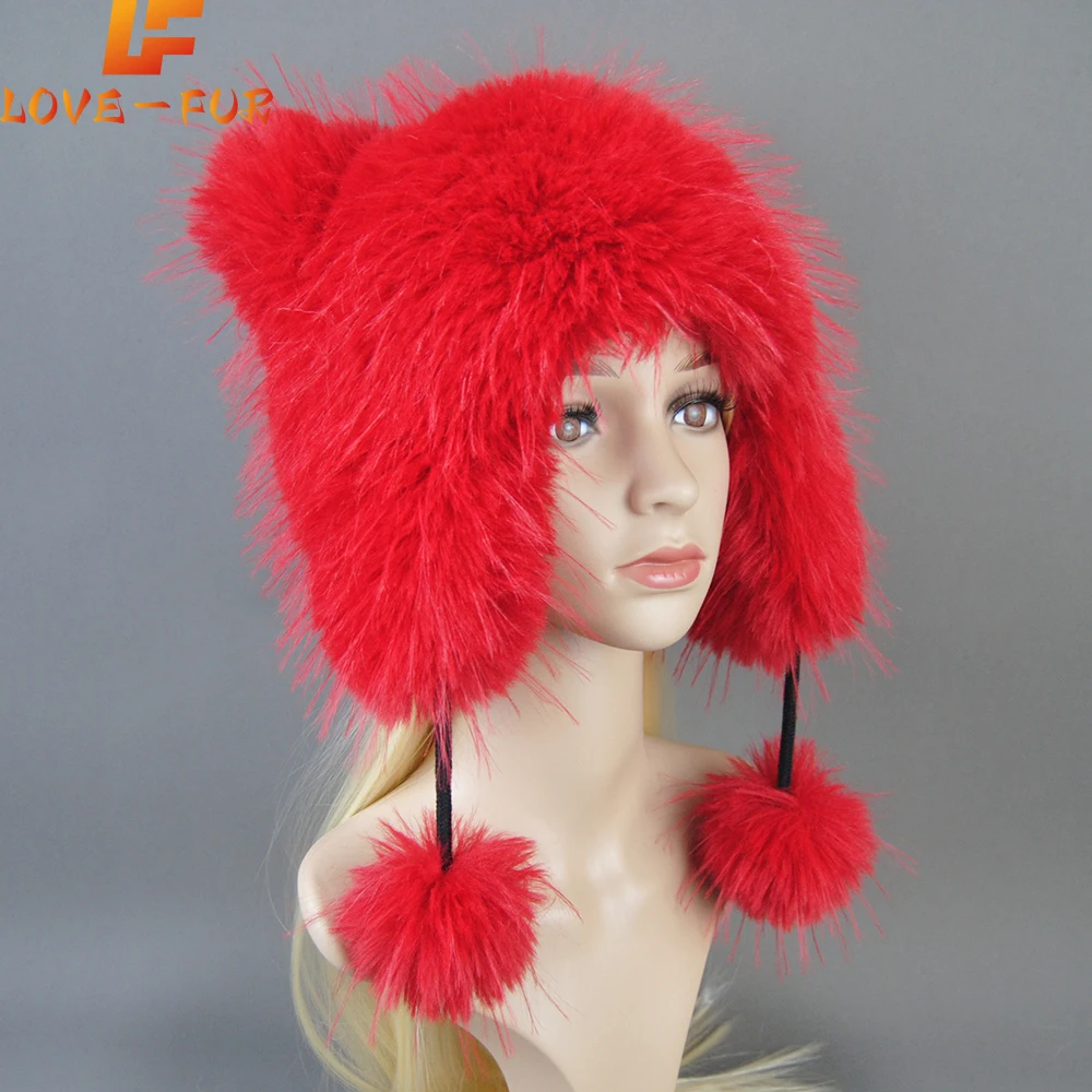 

False Raccoon Fur Pompom Bomber Hats Russian Female Beanies False Raccoon Fur Hat Knitted Skullies Beanies Women's Winter Hats