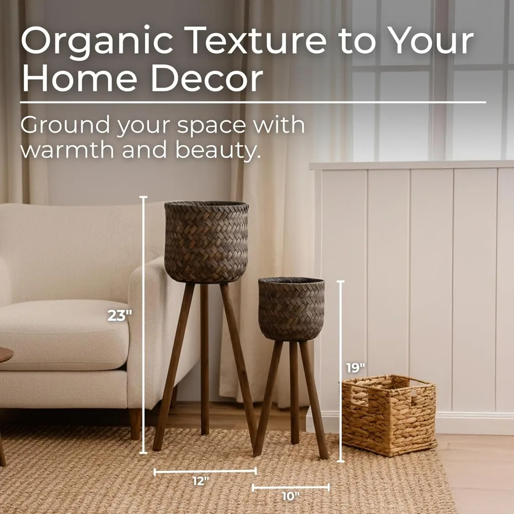 Набор из 2 плетеных горшков ручной работы с подставками — коричневый декор для дома и улицы в деревенском стиле, 19 дюймов и 23 дюйма.
