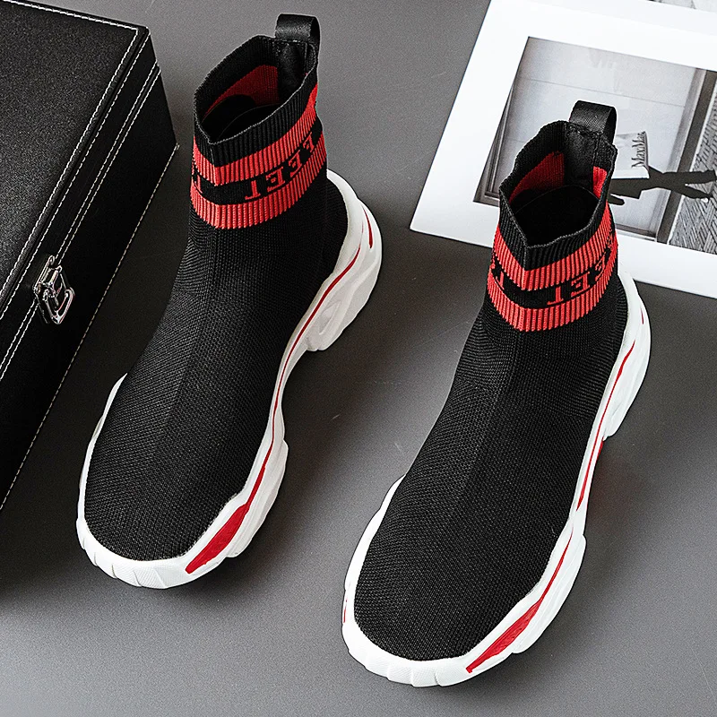 Men's elastic socks shoes Breathable sleeve men's shoes high top board shoes with raised men's elastic ankle boots A01