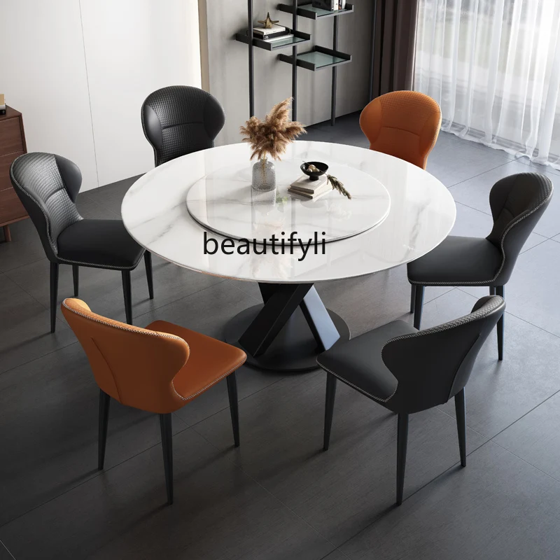 Light Luxury Rock Plate Round Table with Turntable Household Small Apartment Italian Dining Table and Chairs Round Dining Table