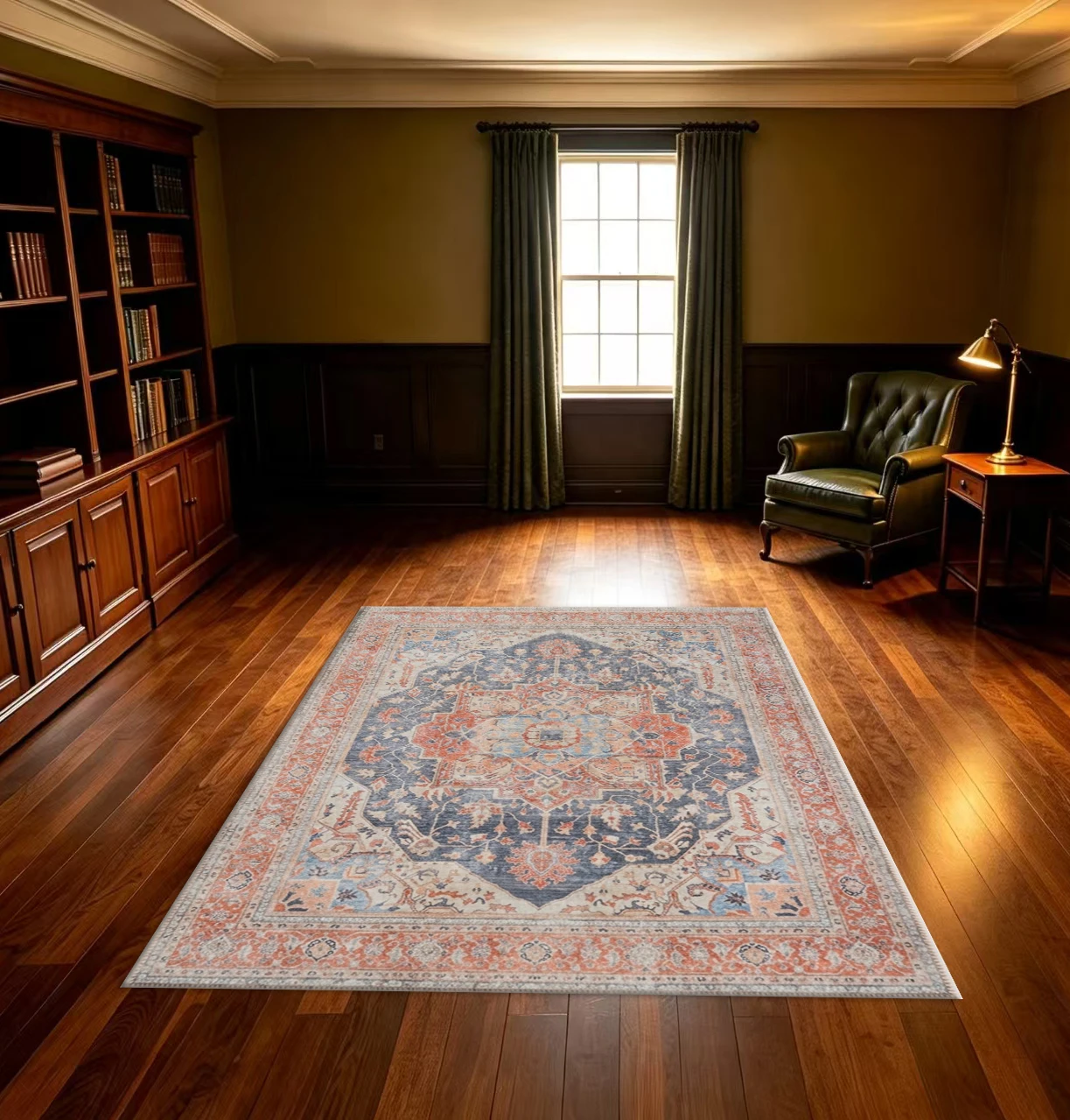 Vintage Distressed Chris Medal Pattern Carpet Blue Orange Oriental Style Non-Slip Carpet Mat Suitable for Living Room Bedroom Home Decoration