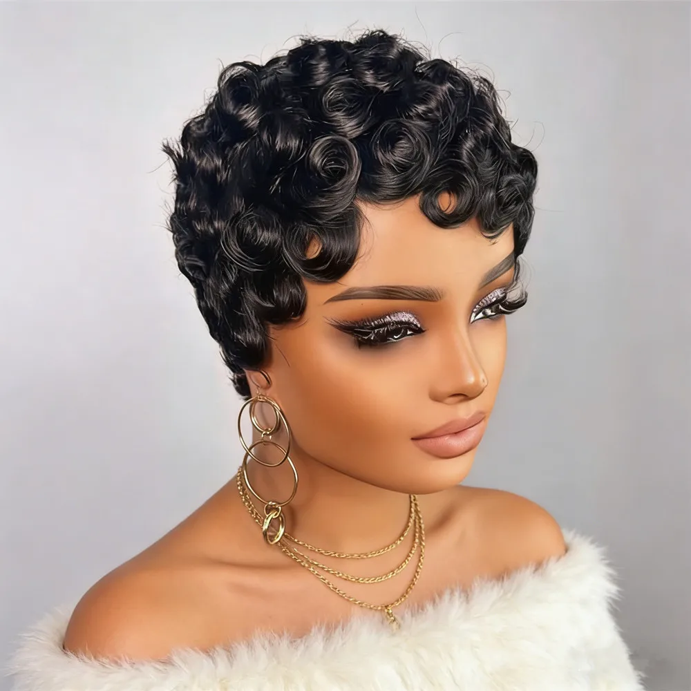 

Парик с прической пикси, натуральный черный цвет, короткий, кудрявый, из человеческих волос, машинной работы, для женщин.