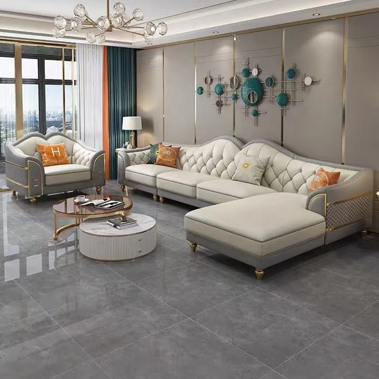 #American Style Luxury Leather Sofa with Tufted Back Gold Trim Scalloped Top and Nailhead Trim for Living Room Furniture
