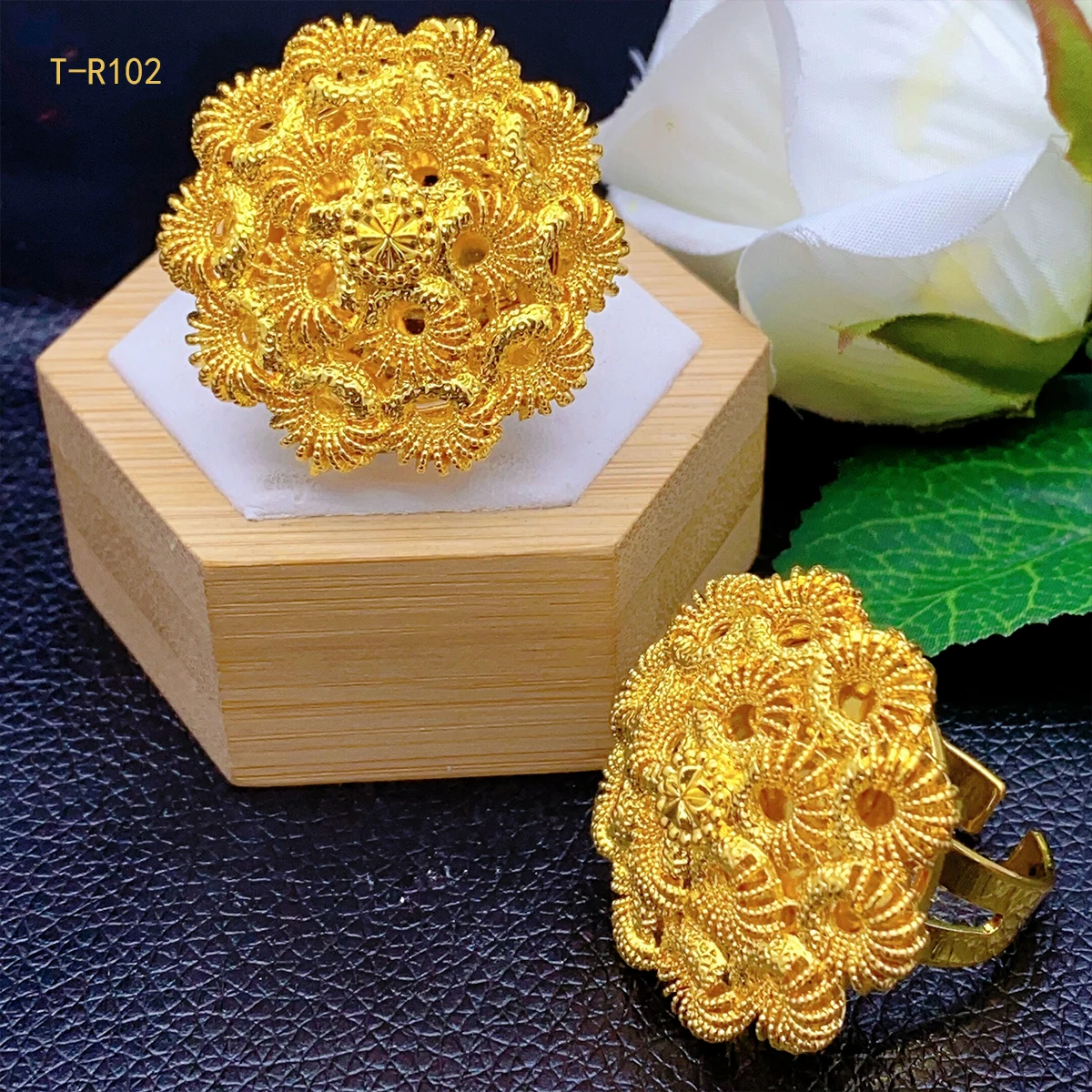 XuHuang African Copper Flower Design Big Rings Wedding Jewelry For Women Party 24K Gold Plated Jewellery Adjustable Dubai Rings