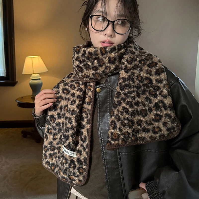 Fashion Imitation Wool Scarf for Women Winter Thicken Scarves Leopard Print Versatile Shawl Cashmere Windproof Neckerchief