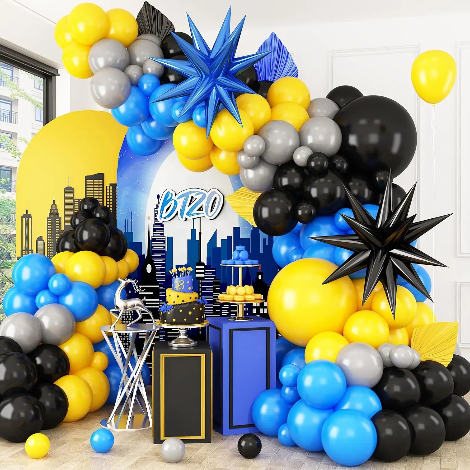 Blau-Gelb-Schwarzes Ballonbogen-Set, Blau-Graue Ballongirlande mit Stern-Folienballons für Jungen Geburtstag Abschlussfeier Dekorationen