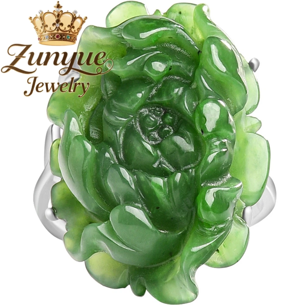 Natural Hetian Jade Jasper Spinach Green Lotus Open Ring S925 Silver Set Women's Ring Fashionable Band Adjustable Fine Jewelry view 5
